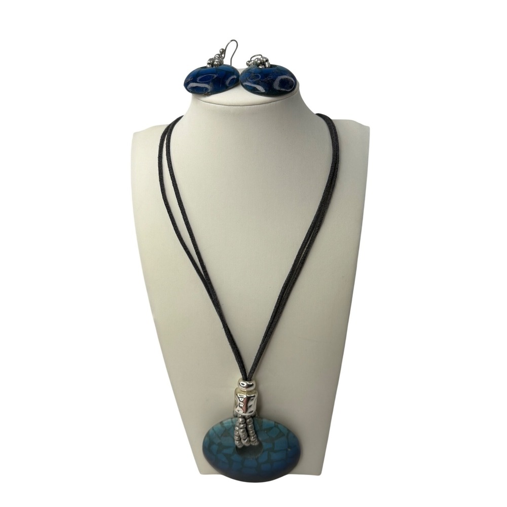 Chicos Blue Mosaic Disc Pendant Necklace & Drop Earrings Jewelry Set Silver Boho